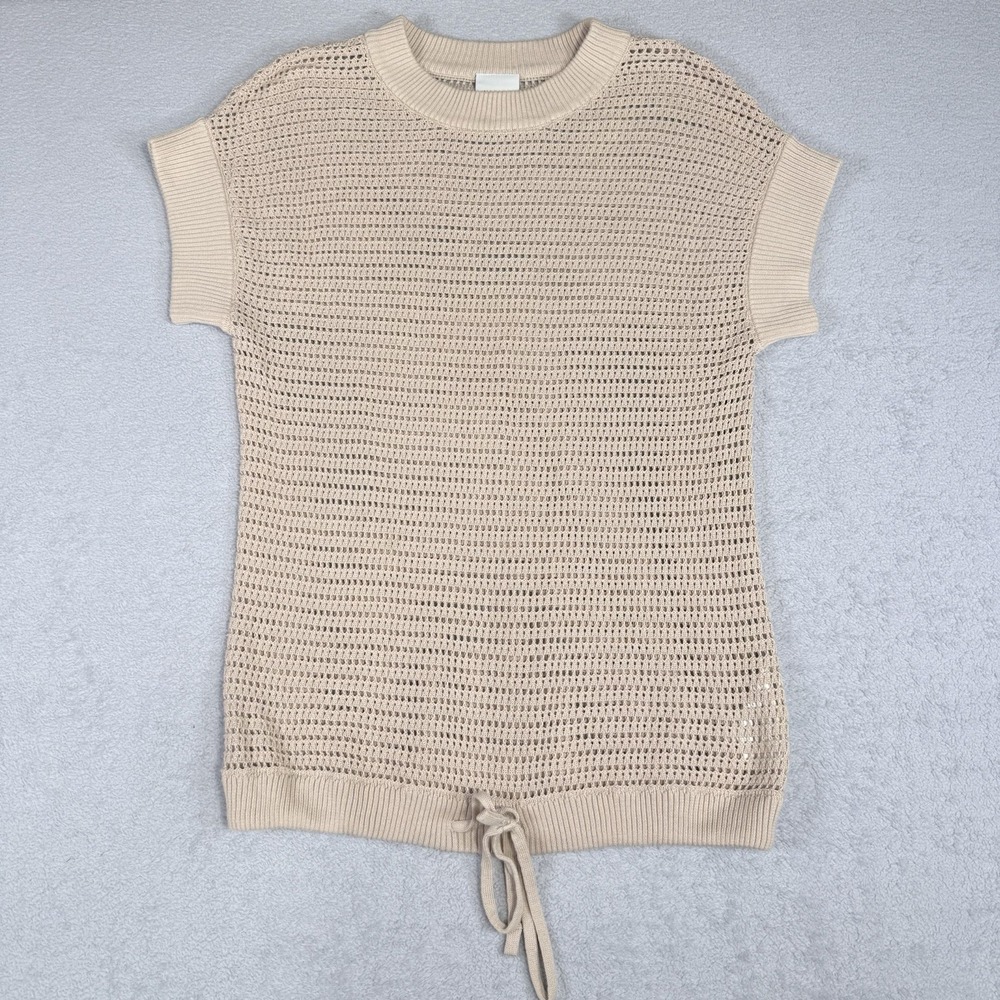 Varley Corvallis Knit Crochet Sweater Womens Small Tan Short Sleeve VAR00991